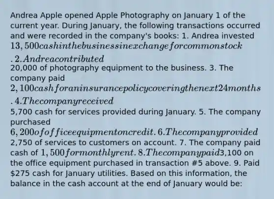 Andrea Apple opened Apple Photography on January 1 of the current year. During January, the following transactions occurred and were recorded in the company's books: 1. Andrea invested 13,500 cash in the business in exchange for common stock. 2. Andrea contributed20,000 of photography equipment to the business. 3. The company paid 2,100 cash for an insurance policy covering the next 24 months. 4. The company received5,700 cash for services provided during January. 5. The company purchased 6,200 of office equipment on credit. 6. The company provided2,750 of services to customers on account. 7. The company paid cash of 1,500 for monthly rent. 8. The company paid3,100 on the office equipment purchased in transaction #5 above. 9. Paid 275 cash for January utilities. Based on this information, the balance in the cash account at the end of January would be: