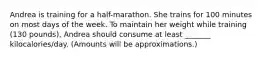 Andrea is training for a half-marathon. She trains for 100 minutes on most days of the week. To maintain her weight while training (130 pounds), Andrea should consume at least _______ kilocalories/day. (Amounts will be approximations.)