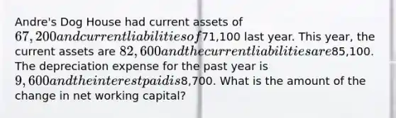 Andre's Dog House had current assets of 67,200 and current liabilities of71,100 last year. This year, the current assets are 82,600 and the current liabilities are85,100. The depreciation expense for the past year is 9,600 and the interest paid is8,700. What is the amount of the change in net working capital?