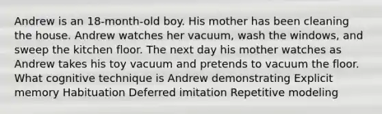 Andrew is an 18-month-old boy. His mother has been cleaning the house. Andrew watches her vacuum, wash the windows, and sweep the kitchen floor. The next day his mother watches as Andrew takes his toy vacuum and pretends to vacuum the floor. What cognitive technique is Andrew demonstrating Explicit memory Habituation Deferred imitation Repetitive modeling