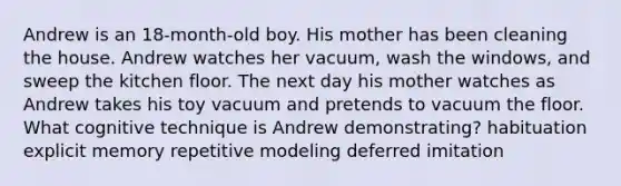 Andrew is an 18-month-old boy. His mother has been cleaning the house. Andrew watches her vacuum, wash the windows, and sweep the kitchen floor. The next day his mother watches as Andrew takes his toy vacuum and pretends to vacuum the floor. What cognitive technique is Andrew demonstrating? habituation explicit memory repetitive modeling deferred imitation