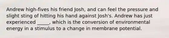 Andrew high-fives his friend Josh, and can feel the pressure and slight sting of hitting his hand against Josh's. Andrew has just experienced _____, which is the conversion of environmental energy in a stimulus to a change in membrane potential.