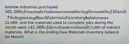 Andrew Industries purchased 165,000 of raw materials on account during the month of March. The beginning Raw Materials Inventory balance was22,000, and the materials used to complete jobs during the month were 141,000 of direct materials and13,000 of indirect materials. What is the ending Raw Materials Inventory balance for March?