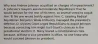 Why was Andrew Johnson acquitted on charges of impeachment? A. Johnson's lawyers assured moderate Republicans that he would behave for the rest of his term, so several voted to acquit him. B. No one would testify against him. C. Leading Radical Republican Benjamin Wade brilliantly managed the president's defense. D. Ulysses Grant urged Republicans to acquit Johnson because convicting him might hurt Grant's chances in the presidential election. E. Many feared a constitutional crisis because, without a vice president in office, no one knew who would succeed Johnson as president.