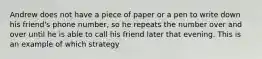 Andrew does not have a piece of paper or a pen to write down his friend's phone number, so he repeats the number over and over until he is able to call his friend later that evening. This is an example of which strategy