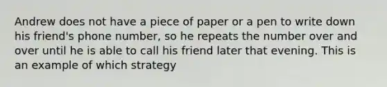 Andrew does not have a piece of paper or a pen to write down his friend's phone number, so he repeats the number over and over until he is able to call his friend later that evening. This is an example of which strategy