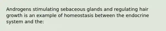 Androgens stimulating sebaceous glands and regulating hair growth is an example of homeostasis between the <a href='https://www.questionai.com/knowledge/k97r8ZsIZg-endocrine-system' class='anchor-knowledge'>endocrine system</a> and the: