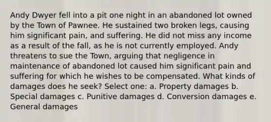 Andy Dwyer fell into a pit one night in an abandoned lot owned by the Town of Pawnee. He sustained two broken legs, causing him significant pain, and suffering. He did not miss any income as a result of the fall, as he is not currently employed. Andy threatens to sue the Town, arguing that negligence in maintenance of abandoned lot caused him significant pain and suffering for which he wishes to be compensated. What kinds of damages does he seek? Select one: a. Property damages b. Special damages c. Punitive damages d. Conversion damages e. General damages