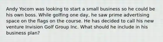 Andy Yocom was looking to start a small business so he could be his own boss. While golfing one day, he saw prime advertising space on the flags on the course. He has decided to call his new venture Invision Golf Group Inc. What should he include in his business plan?