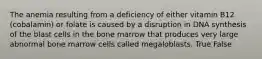 The anemia resulting from a deficiency of either vitamin B12 (cobalamin) or folate is caused by a disruption in DNA synthesis of the blast cells in the bone marrow that produces very large abnormal bone marrow cells called megaloblasts. True False