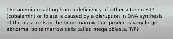 The anemia resulting from a deficiency of either vitamin B12 (cobalamin) or folate is caused by a disruption in DNA synthesis of the blast cells in the bone marrow that produces very large abnormal bone marrow cells called megaloblasts. T/F?