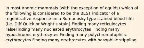 In most anemic mammals (with the exception of equids) which of the following is considered to be the BEST indicator of a regenerative response on a Romanosky-type stained blood film (i.e. Diff Quick or Wright's stain) Finding many reticulocytes FalseFinding many nucleated erythrocytes Finding many hypochromic erythrocytes Finding many polychromatophilic erythrocytes Finding many erythrocytes with basophilic stippling