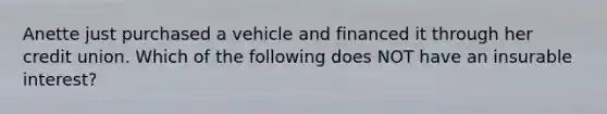 Anette just purchased a vehicle and financed it through her credit union. Which of the following does NOT have an insurable interest?