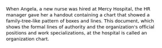 When Angela, a new nurse was hired at Mercy Hospital, the HR manager gave her a handout containing a chart that showed a family-tree-like pattern of boxes and lines. This document, which shows the formal lines of authority and the organization's official positions and work specializations, at the hospital is called an organization chart.
