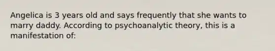 Angelica is 3 years old and says frequently that she wants to marry daddy. According to psychoanalytic theory, this is a manifestation of: