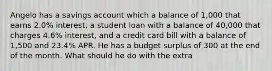 Angelo has a savings account which a balance of 1,000 that earns 2.0% interest, a student loan with a balance of 40,000 that charges 4.6% interest, and a credit card bill with a balance of 1,500 and 23.4% APR. He has a budget surplus of 300 at the end of the month. What should he do with the extra