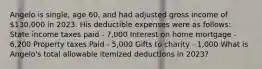 Angelo is single, age 60, and had adjusted gross income of 130,000 in 2023. His deductible expenses were as follows: State income taxes paid - 7,000 Interest on home mortgage - 6,200 Property taxes Paid - 5,000 Gifts to charity - 1,000 ​What is Angelo's total allowable itemized deductions in 2023?