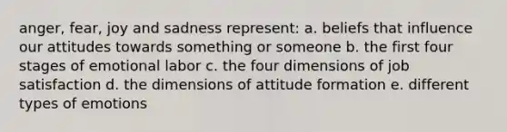 anger, fear, joy and sadness represent: a. beliefs that influence our attitudes towards something or someone b. the first four stages of emotional labor c. the four dimensions of job satisfaction d. the dimensions of attitude formation e. different types of emotions