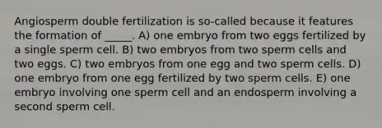 Angiosperm double fertilization is so-called because it features the formation of _____. A) one embryo from two eggs fertilized by a single sperm cell. B) two embryos from two sperm cells and two eggs. C) two embryos from one egg and two sperm cells. D) one embryo from one egg fertilized by two sperm cells. E) one embryo involving one sperm cell and an endosperm involving a second sperm cell.