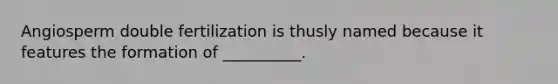 Angiosperm double fertilization is thusly named because it features the formation of __________.