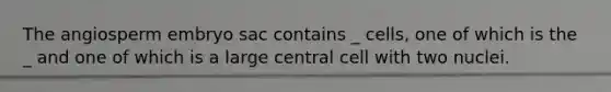 The angiosperm embryo sac contains _ cells, one of which is the _ and one of which is a large central cell with two nuclei.