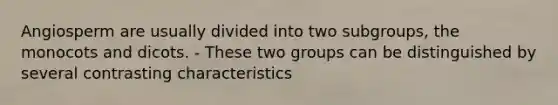 Angiosperm are usually divided into two subgroups, the monocots and dicots. - These two groups can be distinguished by several contrasting characteristics