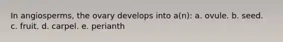 In angiosperms, the ovary develops into a(n): a. ovule. b. seed. c. fruit. d. carpel. e. perianth