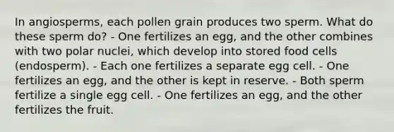 In angiosperms, each pollen grain produces two sperm. What do these sperm do? - One fertilizes an egg, and the other combines with two polar nuclei, which develop into stored food cells (endosperm). - Each one fertilizes a separate egg cell. - One fertilizes an egg, and the other is kept in reserve. - Both sperm fertilize a single egg cell. - One fertilizes an egg, and the other fertilizes the fruit.