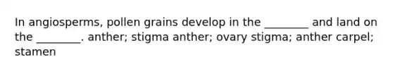 In angiosperms, pollen grains develop in the ________ and land on the ________. anther; stigma anther; ovary stigma; anther carpel; stamen