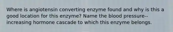 Where is angiotensin converting enzyme found and why is this a good location for this enzyme? Name the blood pressure--increasing hormone cascade to which this enzyme belongs.