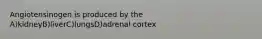 Angiotensinogen is produced by the A)kidneyB)liverC)lungsD)adrenal cortex