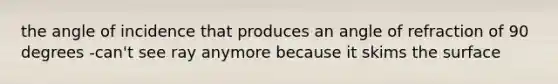 the angle of incidence that produces an angle of refraction of 90 degrees -can't see ray anymore because it skims the surface