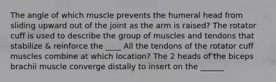 The angle of which muscle prevents the humeral head from sliding upward out of the joint as the arm is raised? The rotator cuff is used to describe the group of muscles and tendons that stabilize & reinforce the ____ All the tendons of the rotator cuff muscles combine at which location? The 2 heads of the biceps brachii muscle converge distally to insert on the ______