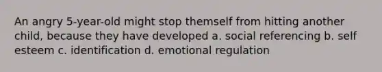 An angry 5-year-old might stop themself from hitting another child, because they have developed a. social referencing b. self esteem c. identification d. emotional regulation