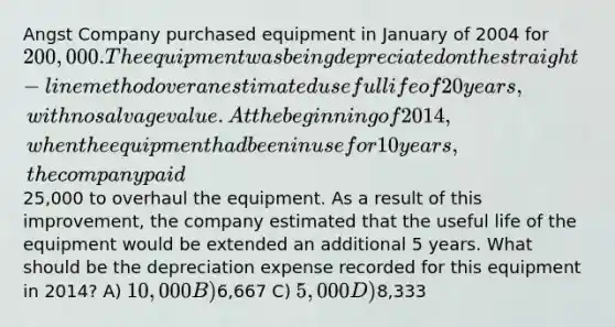 Angst Company purchased equipment in January of 2004 for 200,000. The equipment was being depreciated on the straight-line method over an estimated useful life of 20 years, with no salvage value. At the beginning of 2014, when the equipment had been in use for 10 years, the company paid25,000 to overhaul the equipment. As a result of this improvement, the company estimated that the useful life of the equipment would be extended an additional 5 years. What should be the depreciation expense recorded for this equipment in 2014? A) 10,000 B)6,667 C) 5,000 D)8,333