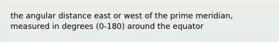 the angular distance east or west of the prime meridian, measured in degrees (0-180) around the equator