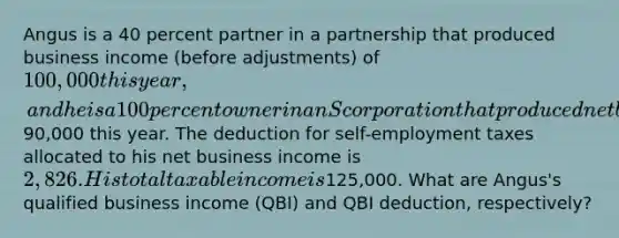 Angus is a 40 percent partner in a partnership that produced business income (before adjustments) of 100,000 this year, and he is a 100 percent owner in an S corporation that produced net business income of90,000 this year. The deduction for self-employment taxes allocated to his net business income is 2,826. His total taxable income is125,000. What are Angus's qualified business income (QBI) and QBI deduction, respectively?