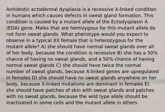 Anhidrotic ectodermal dysplasia is a recessive X-linked condition in humans which causes defects in sweat gland formation. This condition is caused by a mutant allele of the Ectodysplasin A (EDA) gene. Males that are hemizygous for this mutant allele do not form sweat glands. What phenotype would you expect to observe in a typical XX female that is heterozygous for the mutant allele? A) she should have normal sweat glands over all of her body, because the condition is recessive B) she has a 50% chance of having no sweat glands, and a 50% chance of having normal sweat glands C) she should have twice the normal number of sweat glands, because X-linked genes are upregulated in females D) she should have no sweat glands anywhere on her body, because X-linked mutations are dominant in females E) she should have patches of skin with sweat glands and patches with no sweat glands, because the wild type allele should be inactivated in some cells and the mutant allele in others