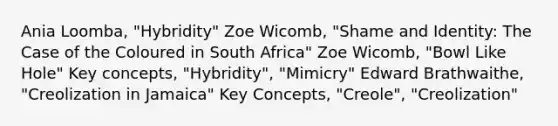 Ania Loomba, "Hybridity" Zoe Wicomb, "Shame and Identity: The Case of the Coloured in South Africa" Zoe Wicomb, "Bowl Like Hole" Key concepts, "Hybridity", "Mimicry" Edward Brathwaithe, "Creolization in Jamaica" Key Concepts, "Creole", "Creolization"