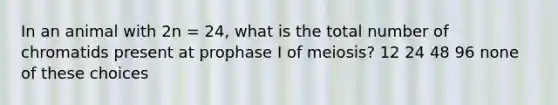 In an animal with 2n = 24, what is the total number of chromatids present at prophase I of meiosis? 12 24 48 96 none of these choices