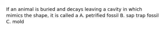 If an animal is buried and decays leaving a cavity in which mimics the shape, it is called a A. petrified fossil B. sap trap fossil C. mold