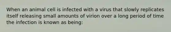 When an animal cell is infected with a virus that slowly replicates itself releasing small amounts of virion over a long period of time the infection is known as being: