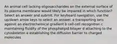 An animal cell lacking oligosaccharides on the external surface of its plasma membrane would likely be impaired in which function? Select an answer and submit. For keyboard navigation, use the up/down arrow keys to select an answer. a transporting ions against an electrochemical gradient b cell-cell recognition c maintaining fluidity of the phospholipid bilayer d attaching to the cytoskeleton e establishing the diffusion barrier to charged molecules