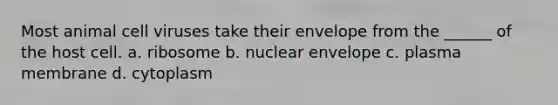 Most animal cell viruses take their envelope from the ______ of the host cell. a. ribosome b. nuclear envelope c. plasma membrane d. cytoplasm