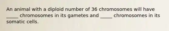 An animal with a diploid number of 36 chromosomes will have _____ chromosomes in its gametes and _____ chromosomes in its somatic cells.