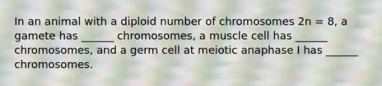 In an animal with a diploid number of chromosomes 2n = 8, a gamete has ______ chromosomes, a muscle cell has ______ chromosomes, and a germ cell at meiotic anaphase I has ______ chromosomes.