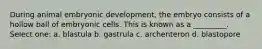 During animal embryonic development, the embryo consists of a hollow ball of embryonic cells. This is known as a _________. Select one: a. blastula b. gastrula c. archenteron d. blastopore
