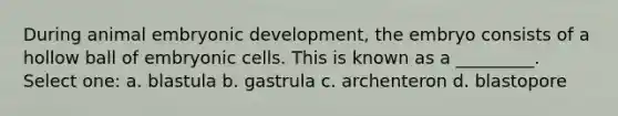 During animal embryonic development, the embryo consists of a hollow ball of embryonic cells. This is known as a _________. Select one: a. blastula b. gastrula c. archenteron d. blastopore