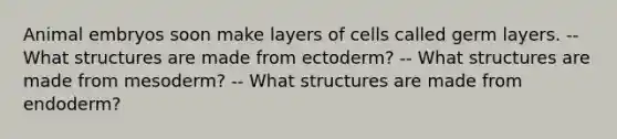 Animal embryos soon make layers of cells called germ layers. -- What structures are made from ectoderm? -- What structures are made from mesoderm? -- What structures are made from endoderm?