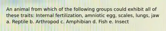 An animal from which of the following groups could exhibit all of these traits: Internal fertilization, amniotic egg, scales, lungs, jaw a. Reptile b. Arthropod c. Amphibian d. Fish e. Insect